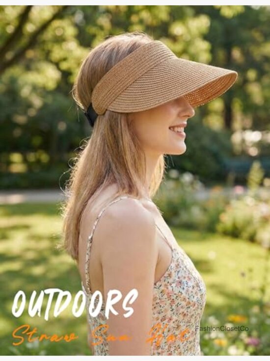 Wide Brim Straw Ponytail Sun Visor Hat, Foldable Packable Beach Visor with